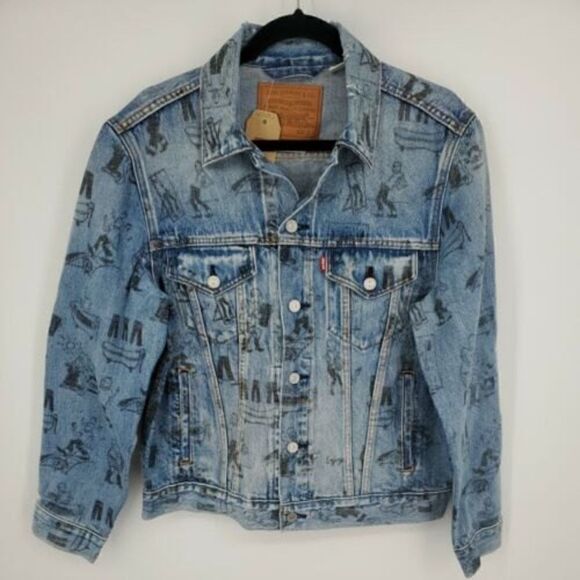 Levi's Limited Edition Rare Shrink to Fit Bathtub Cartoon Denim Trucker Jacket S - Picture 2 of 6